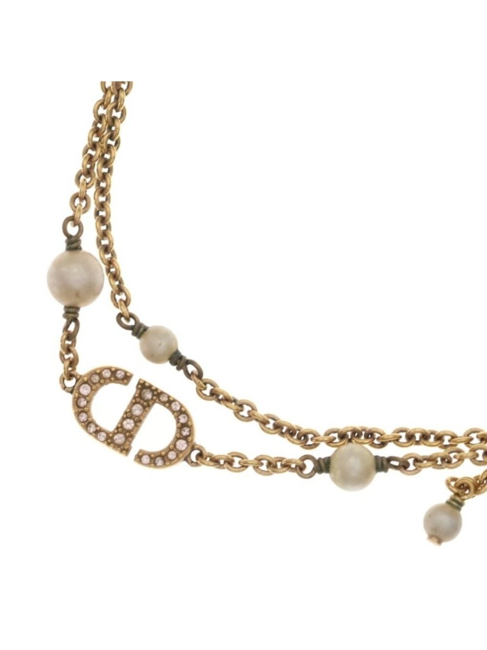 Dior CD Logo Rhinestone Faux Pearl Necklace Gold
